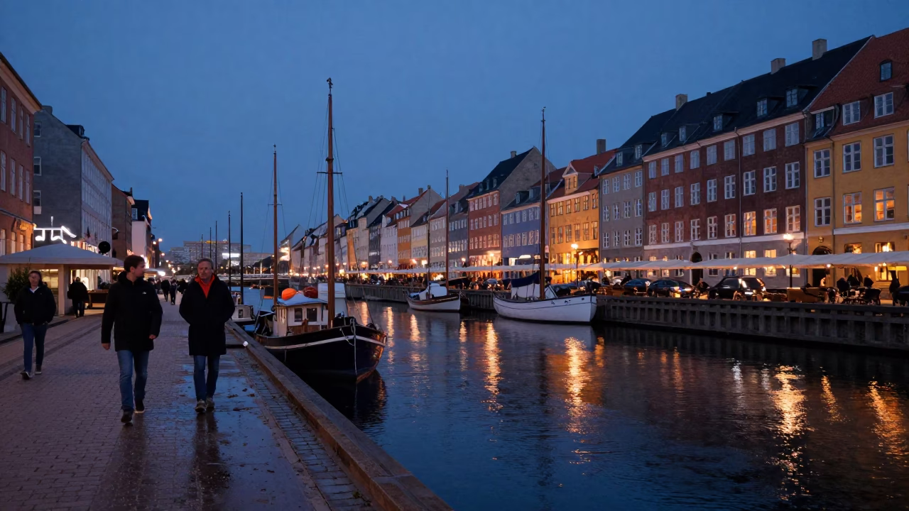 Copenhagen Nautical Dawn Street Scene with Canal Drip and Local Market Produce in in Copenhagen, Denmark