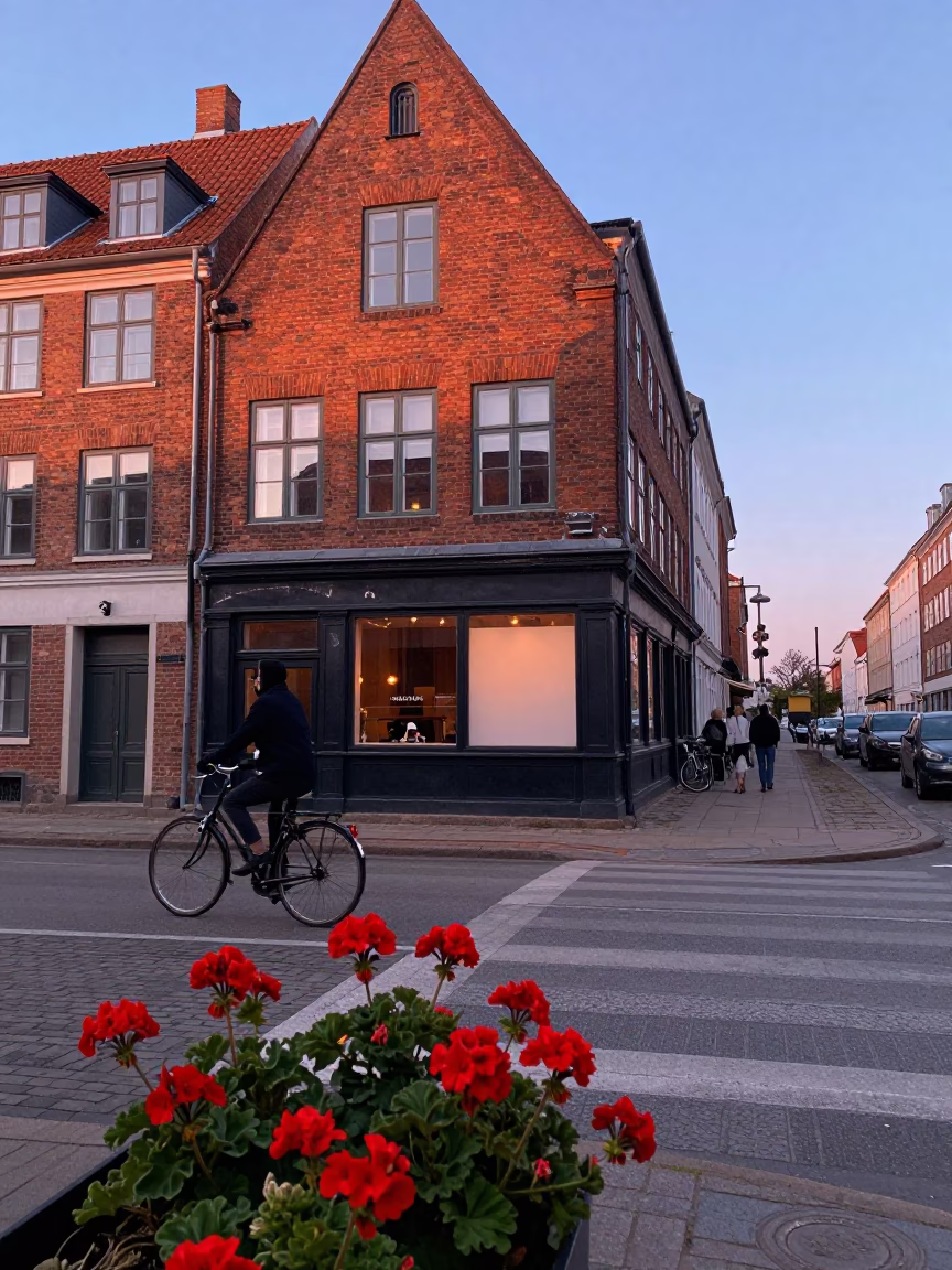 Copenhagen Nautical Dawn Street Scene with Geraniums and Glass Vase in in Copenhagen, Denmark