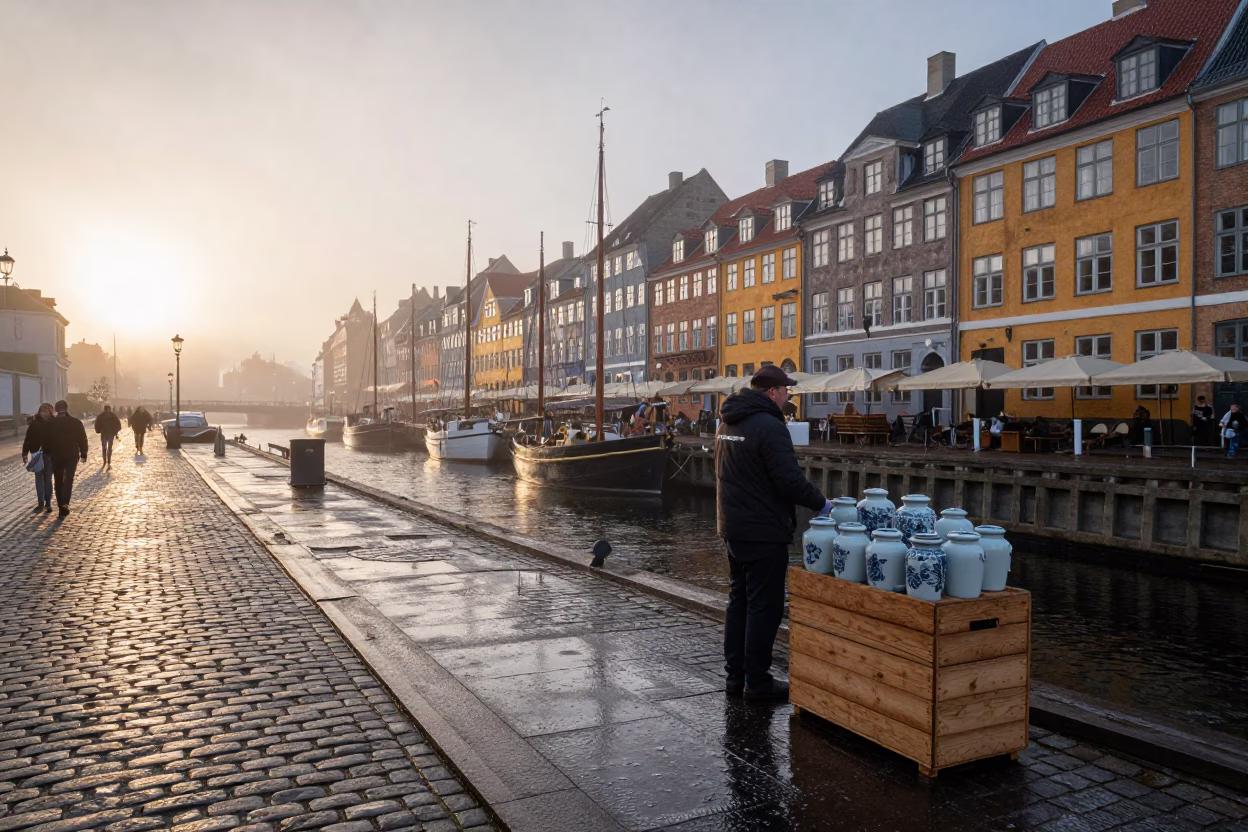 Copenhagen Nautical Dawn Street Scene with Hammered Metal and Blue Porcelain in in Copenhagen, Denmark