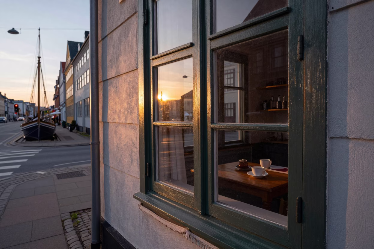 Copenhagen Nautical Dawn Street Scene with Linen Fringe Detail in in Copenhagen, Denmark