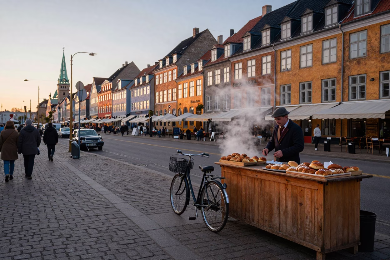 Copenhagen Nautical Dawn Street Scene with Vintage 1950s Aesthetic and Local Life in in Copenhagen, Denmark