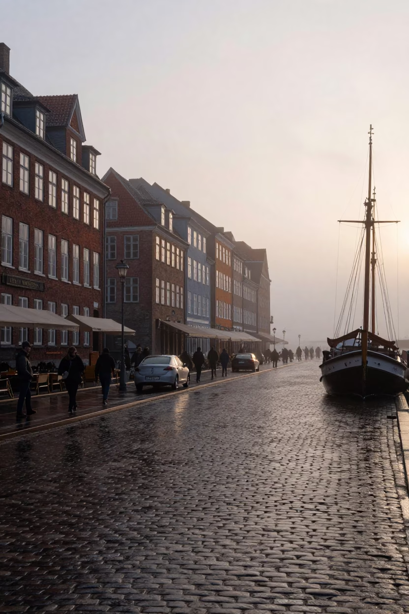 Copenhagen Nautical Dawn Street Scene with Wet Cobblestones and Substation Insulators in in Copenhagen, Denmark