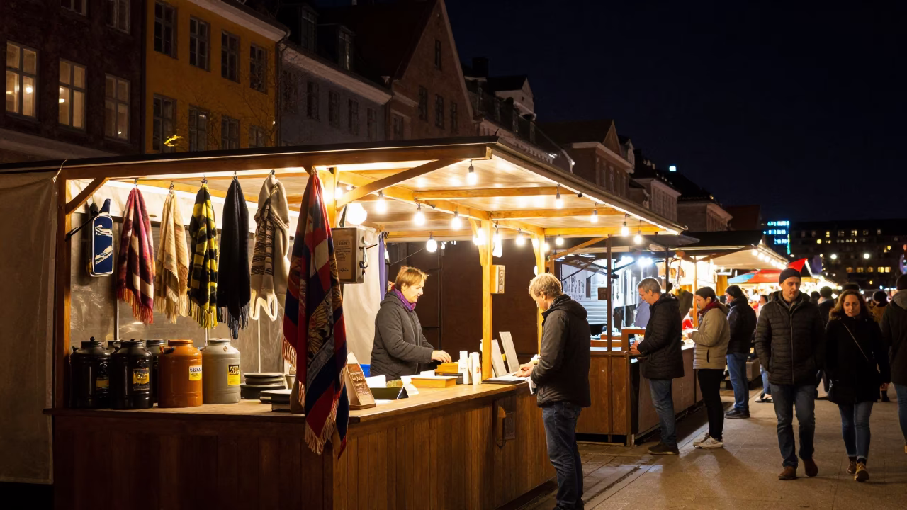 Copenhagen Night Market Stall with Canisters and Scarf Under Deep Night Sky in in Copenhagen, Denmark