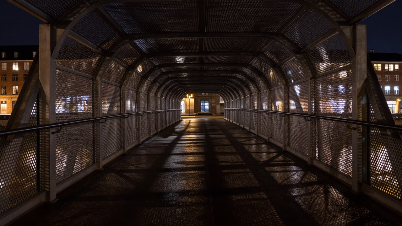 Copenhagen Night Pedestrian Overpass Perforated Metal and Wet Footsteps Realistic Street Scene in in Copenhagen, Denmark