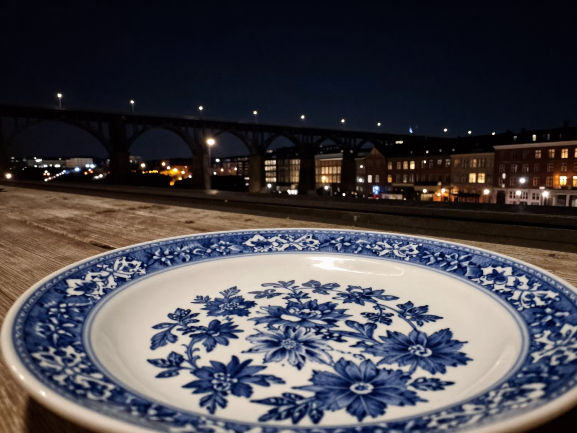 Copenhagen Night Scene with Blue and White Porcelain Plate and Railway Viaduct in in Copenhagen, Denmark