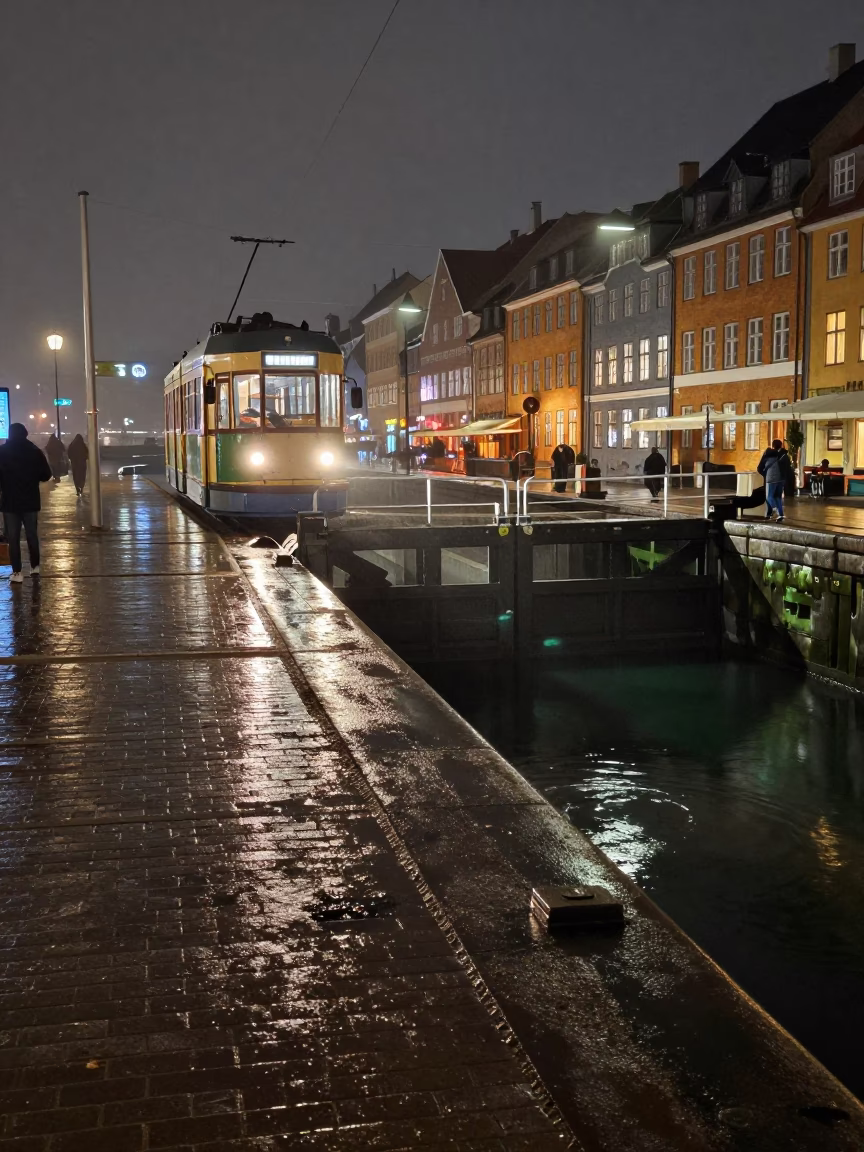 Copenhagen Night Scene with Heritage Tram and Canal Lock Gate in in Copenhagen, Denmark