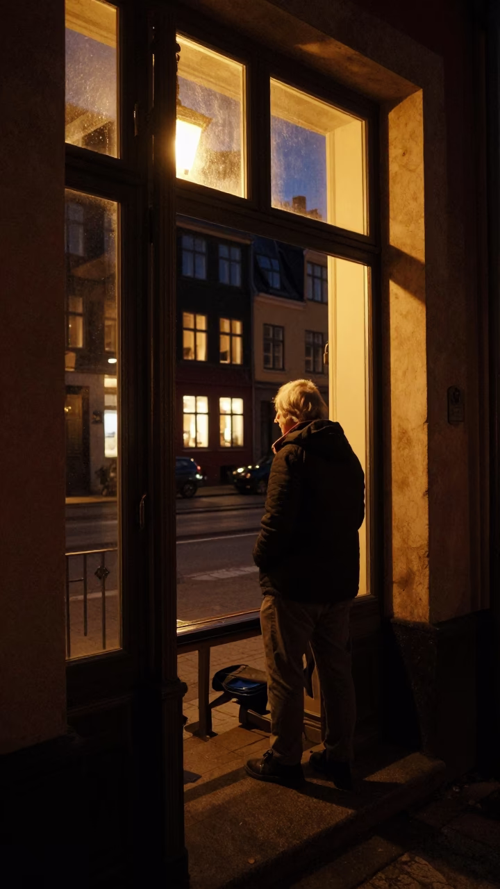 Copenhagen Night Scene with Window Light on Doorframe and Guitar Case in in Copenhagen, Denmark