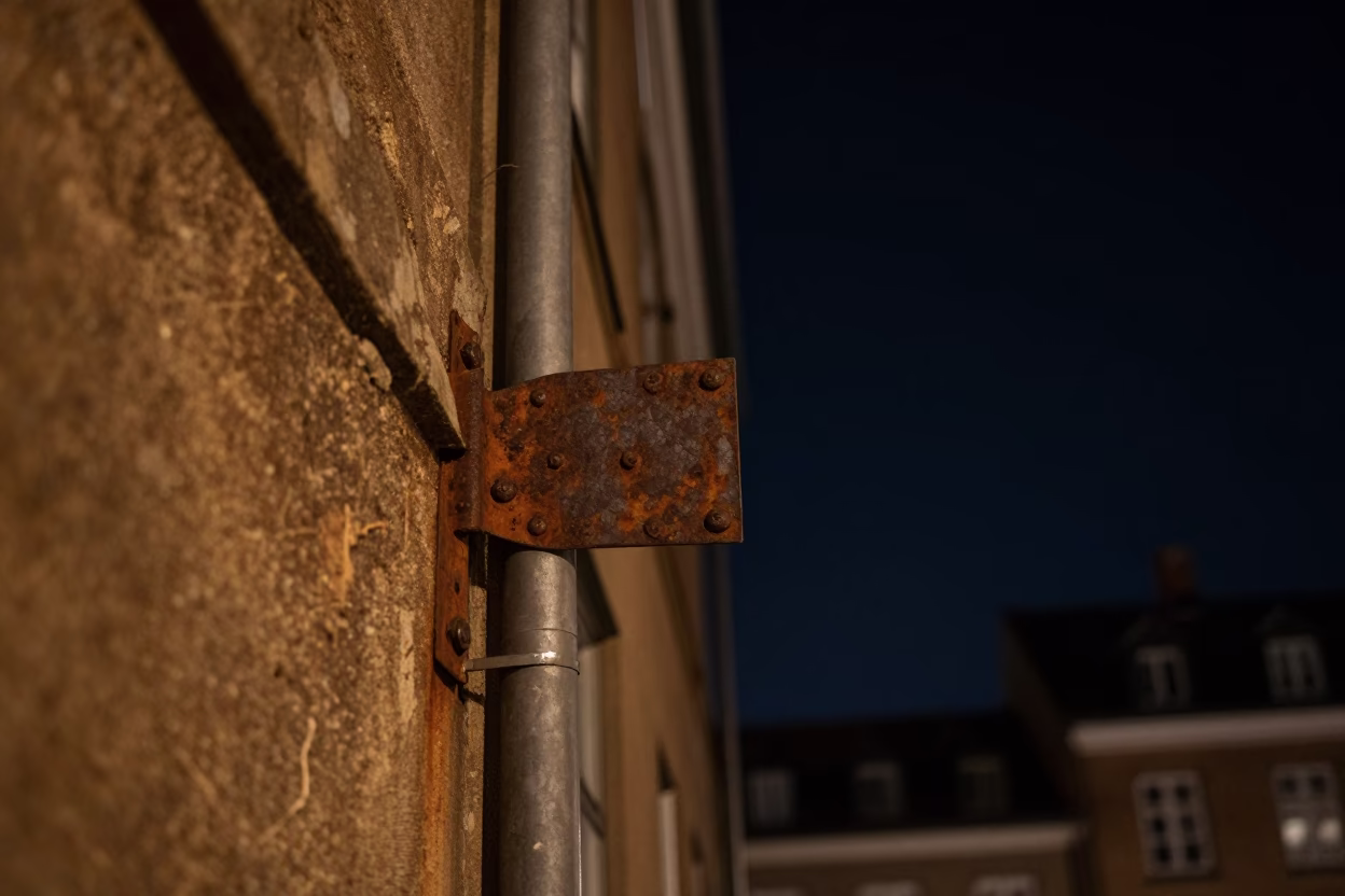 Copenhagen Night Sky Over Rusty Metal Hinges and Old Observatory Windows in in Copenhagen, Denmark