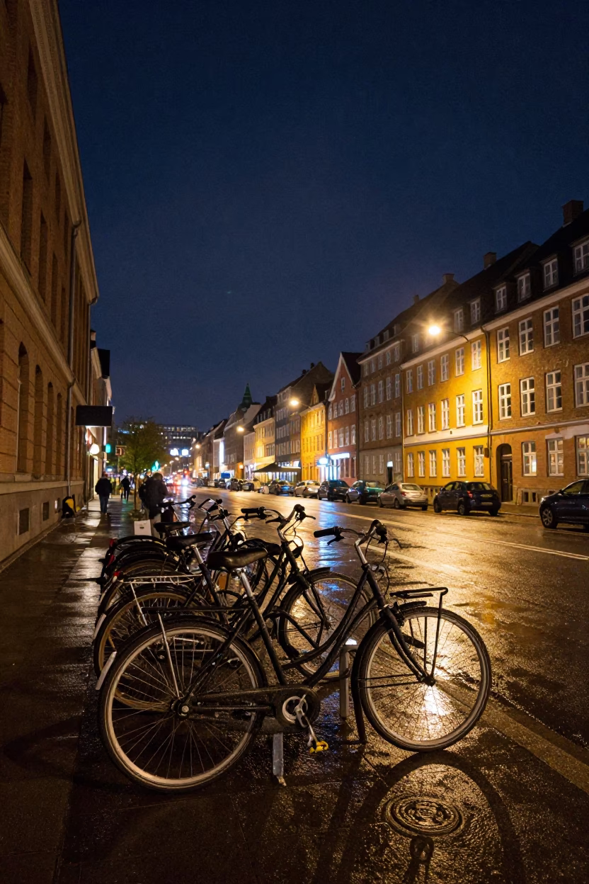 Copenhagen Night Sky Under Streetlights with Wet Bicycle Rack and Houseboat Garden in in Copenhagen, Denmark