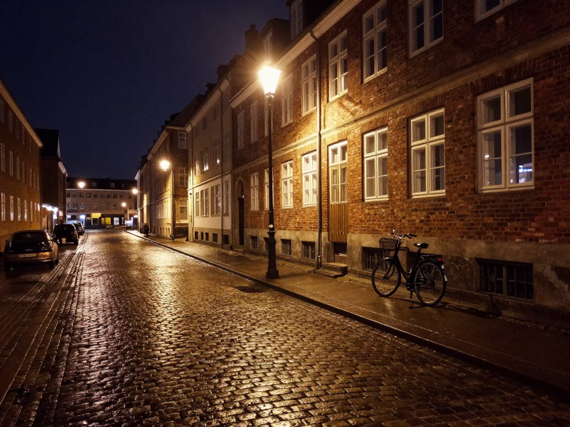 Copenhagen Night Street Scene with Bicycle and Cobblestones in in Copenhagen, Denmark