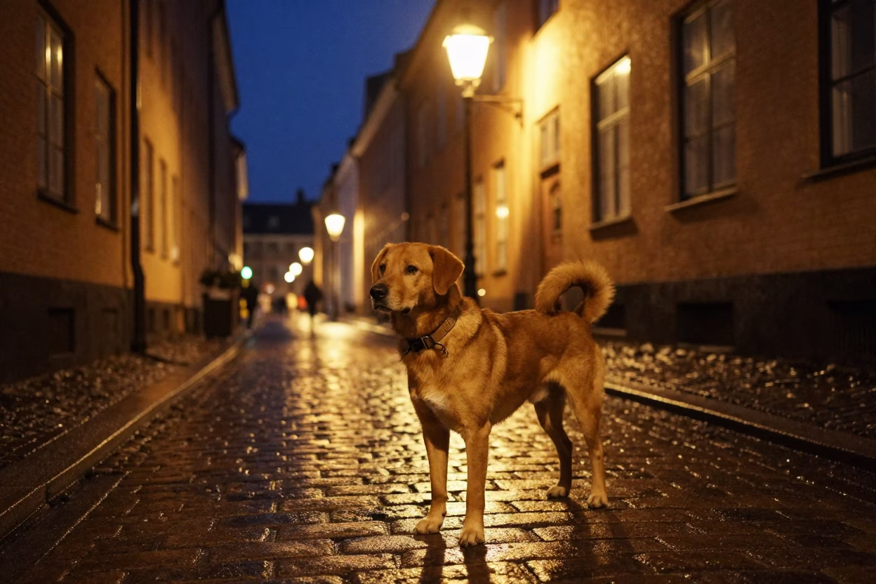 Copenhagen Night Street Scene with Brown Dog and Linen Coat Hook Detail in in Copenhagen, Denmark