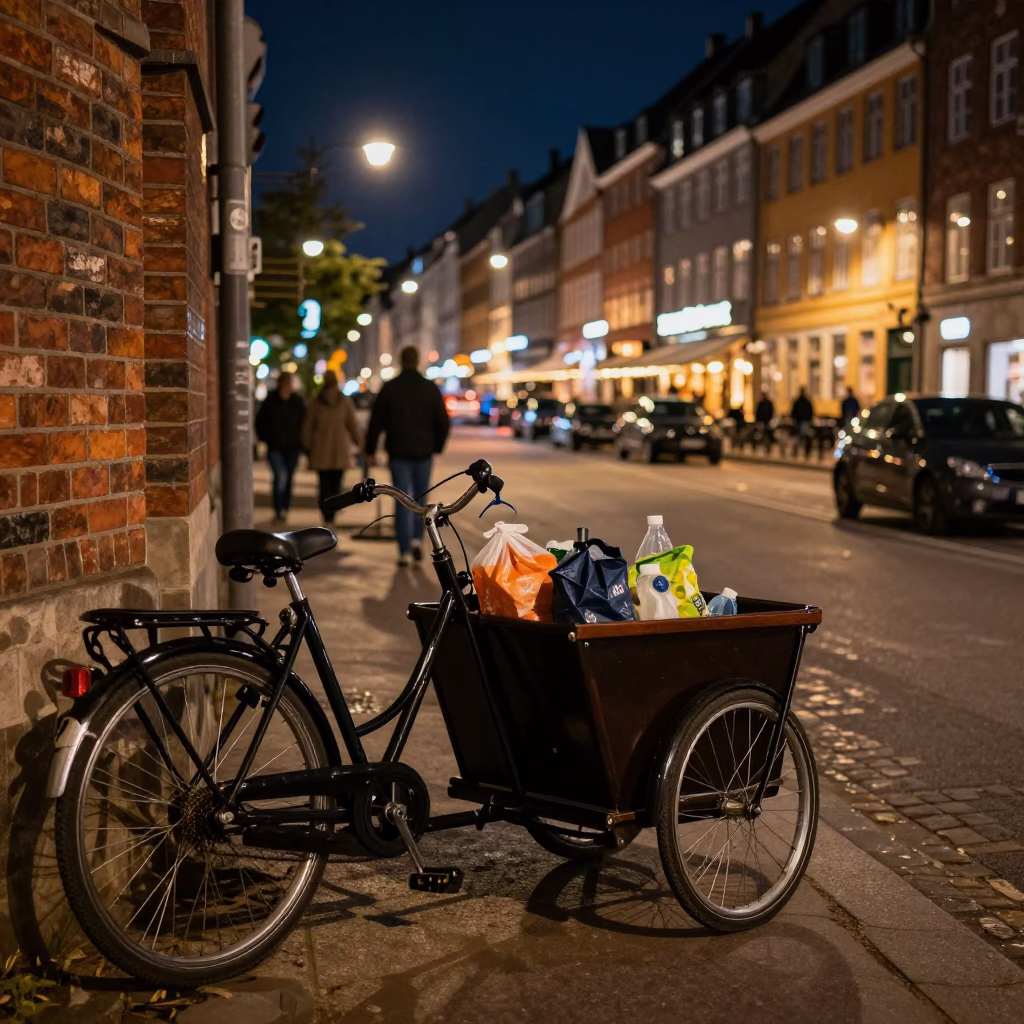 Copenhagen Night Street Scene with Cargo Bicycle and Spindle Chair Outside Late Night Cafe in in Copenhagen, Denmark