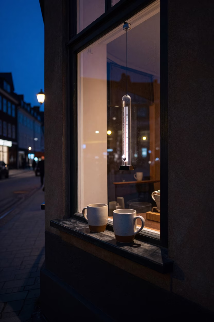 Copenhagen Night Street Scene with Ceramic Mugs and Thermometer Under Deep Sky in in Copenhagen, Denmark