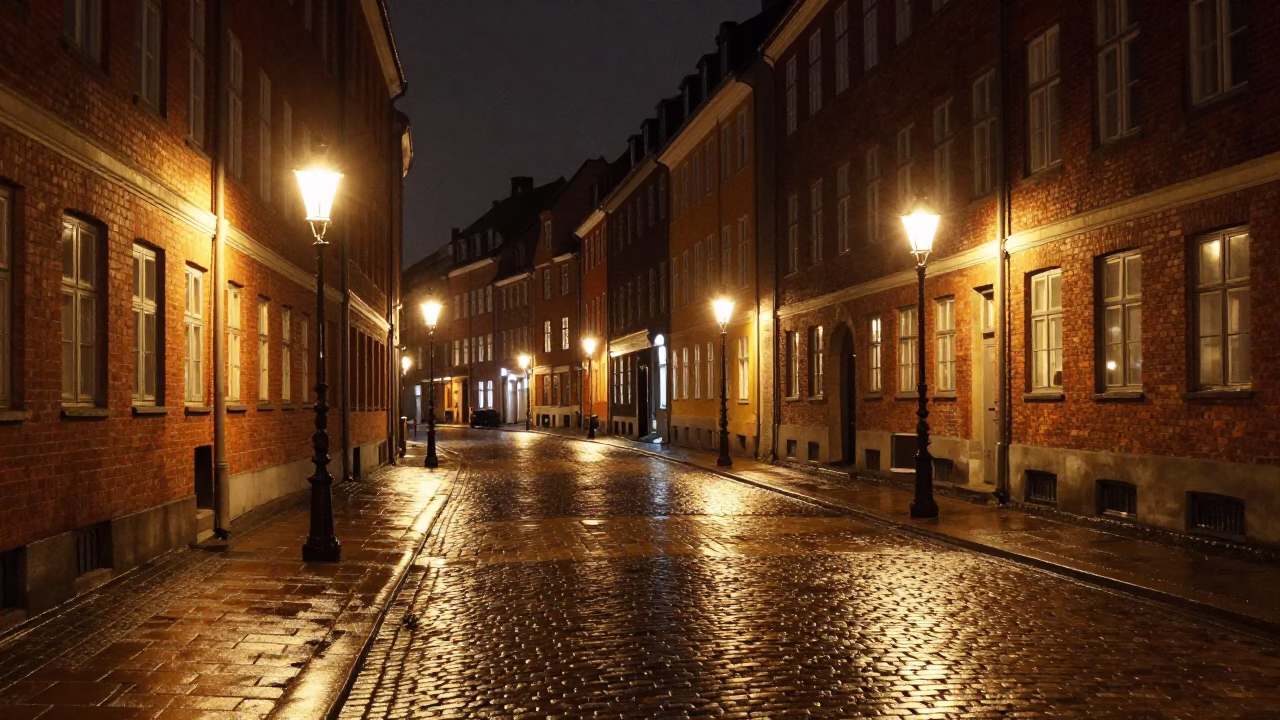 Copenhagen Night Street Scene with Cobblestones and Historic Brick Architecture in in Copenhagen, Denmark