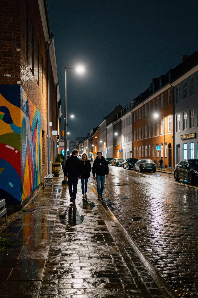 Copenhagen Night Street Scene with Colorful Urban Elements and Local Details in in Copenhagen, Denmark