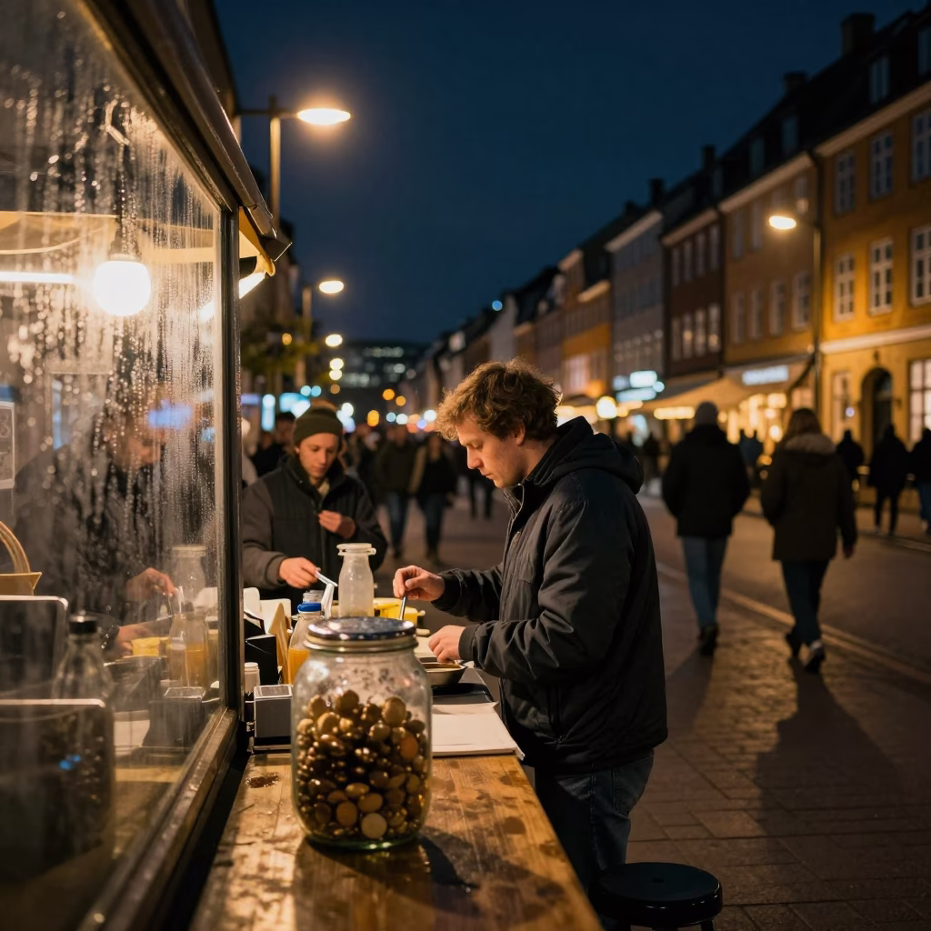 Copenhagen Night Street Scene with Condensation on Glass and Tin Box in in Copenhagen, Denmark