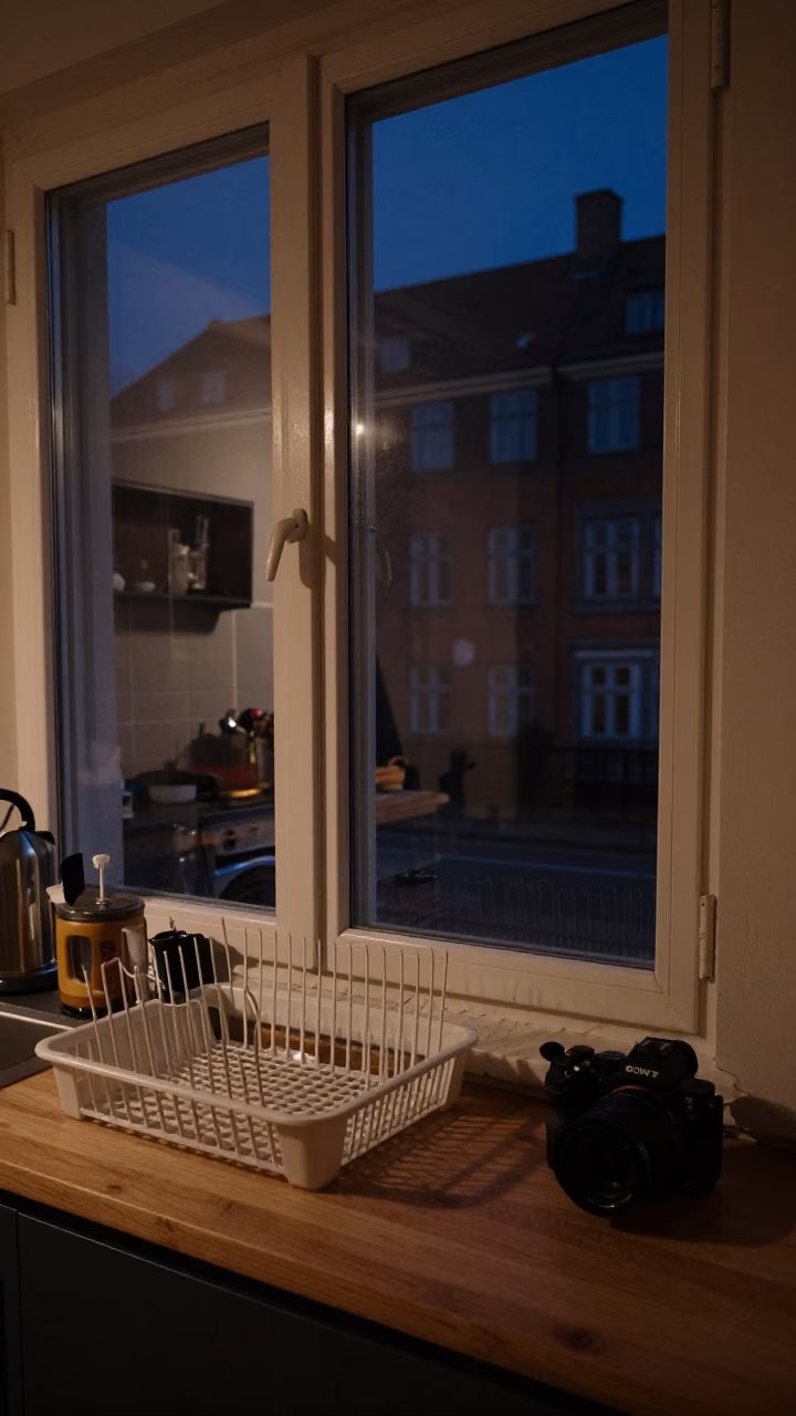 Copenhagen Night Street Scene with Dish Rack and Safety Razor in Window in in Copenhagen, Denmark
