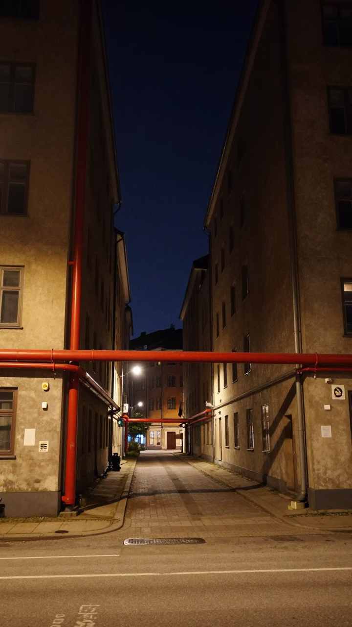 Copenhagen Night Street Scene with District Heating Pipes Between Concrete Apartment Blocks in in Copenhagen, Denmark