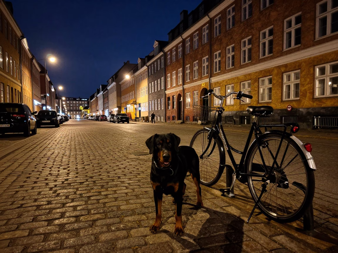 Copenhagen Night Street Scene with Entlebucher Mountain Dog and Condensation on Hook Plate in in Copenhagen, Denmark
