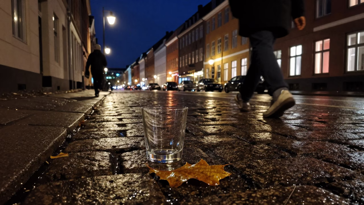 Copenhagen Night Street Scene with Glass Tumbler and Leaf Shadows on Tile in in Copenhagen, Denmark
