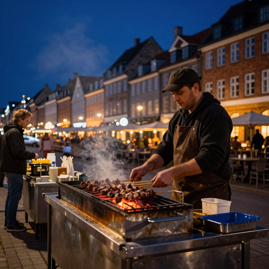 Copenhagen Night Street Scene with Kebab Grilling and Glass Tumbler in in Copenhagen, Denmark
