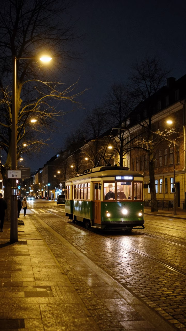 Copenhagen Night Street Scene with Old Trolley and Paved Avenue in in Copenhagen, Denmark