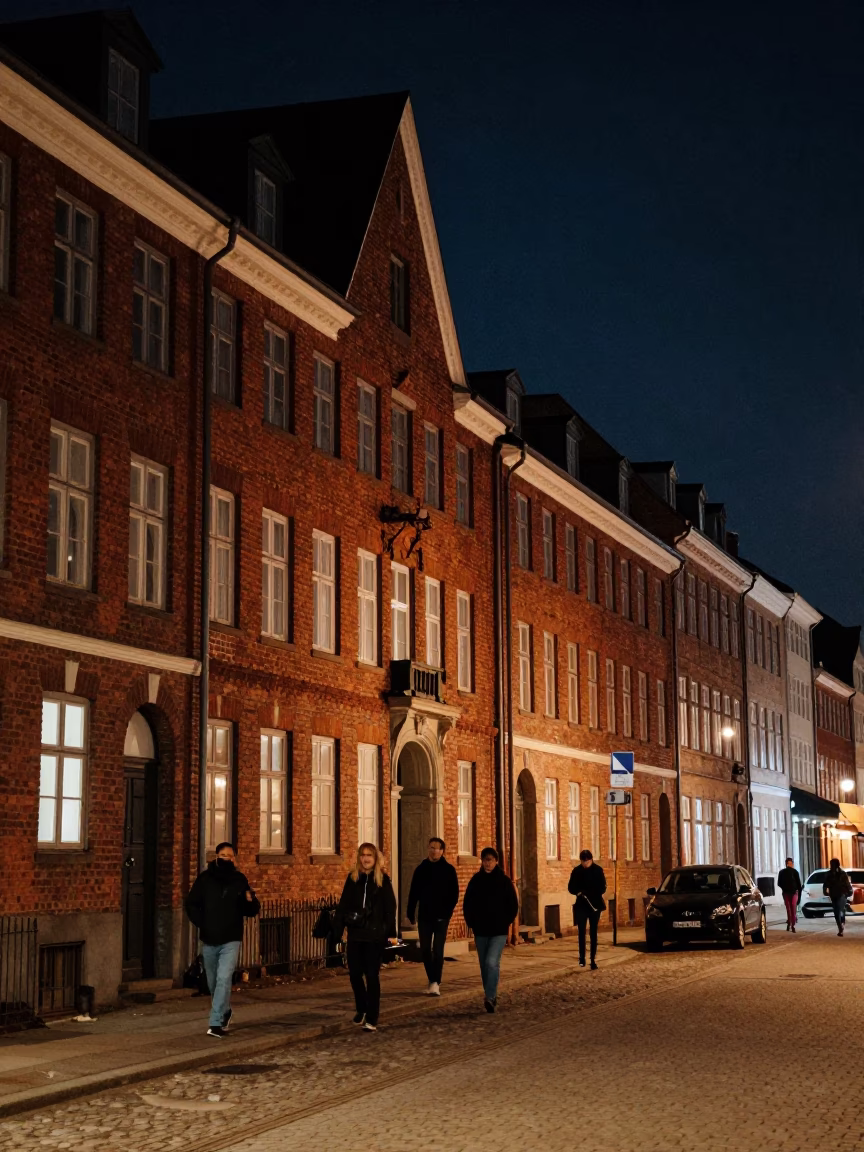 Copenhagen Night Street Scene with Red Brick Architecture and Neon Lights in in Copenhagen, Denmark