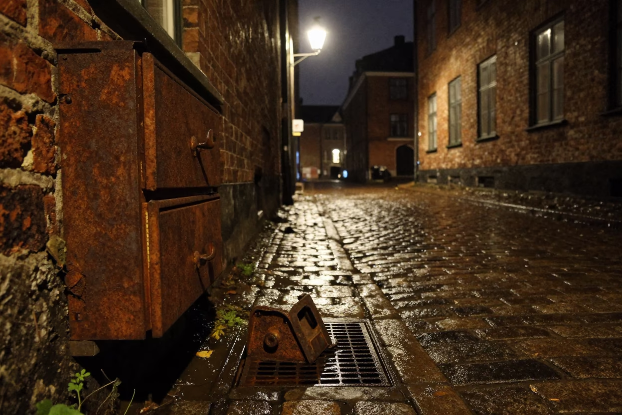 Copenhagen Night Street Scene with Rusty Drawer Pull and Drain Detail in in Copenhagen, Denmark