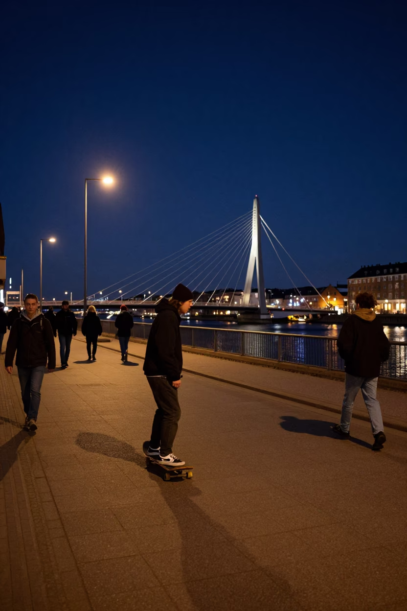 Copenhagen Night Street Scene with Skateboarder Near Illuminated Bridge in in Copenhagen, Denmark