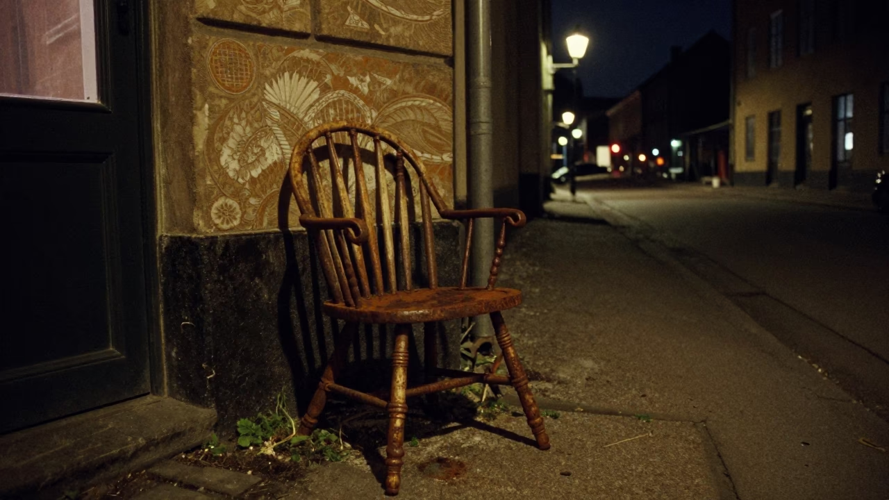 Copenhagen Night Street Scene with Spindle Chair and Rusty Details in in Copenhagen, Denmark