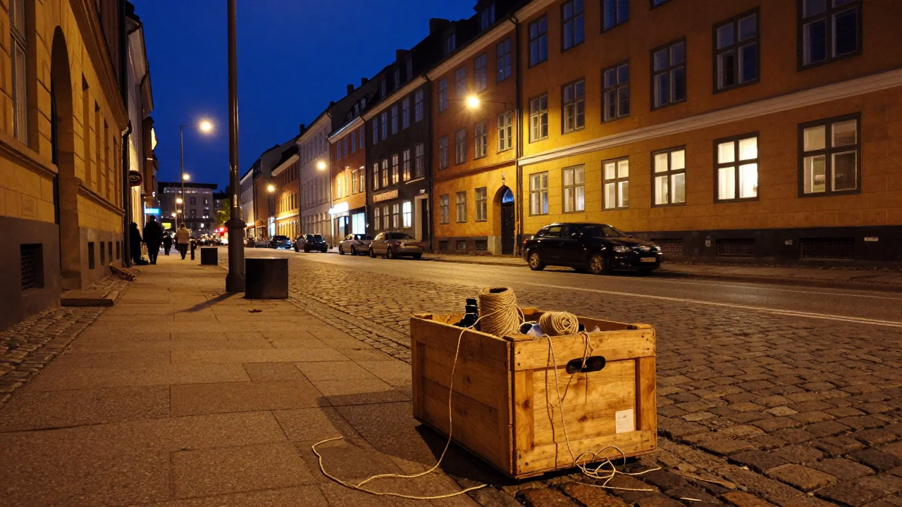 Copenhagen Night Street Scene with Twine Fibers and Urban Life in in Copenhagen, Denmark