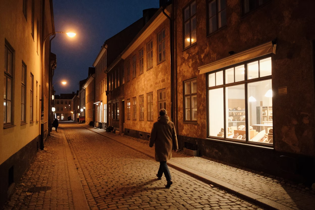 Copenhagen Night Street Scene with Vintage 1980s Aesthetic and Local Atmosphere in in Copenhagen, Denmark