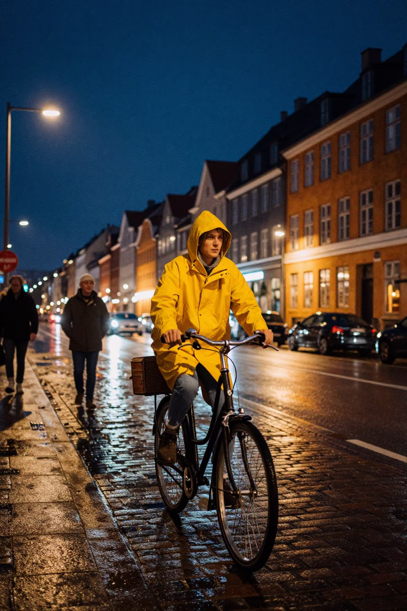 Copenhagen Night Street Scene with Vintage 1980s Aesthetic and Local Details in in Copenhagen, Denmark