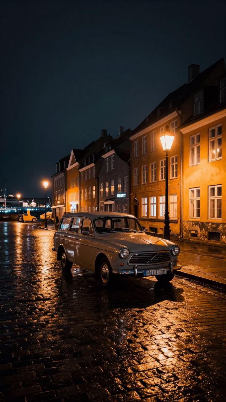 Copenhagen Night Street Scene with Vintage Car and Harbor Lights in in Copenhagen, Denmark