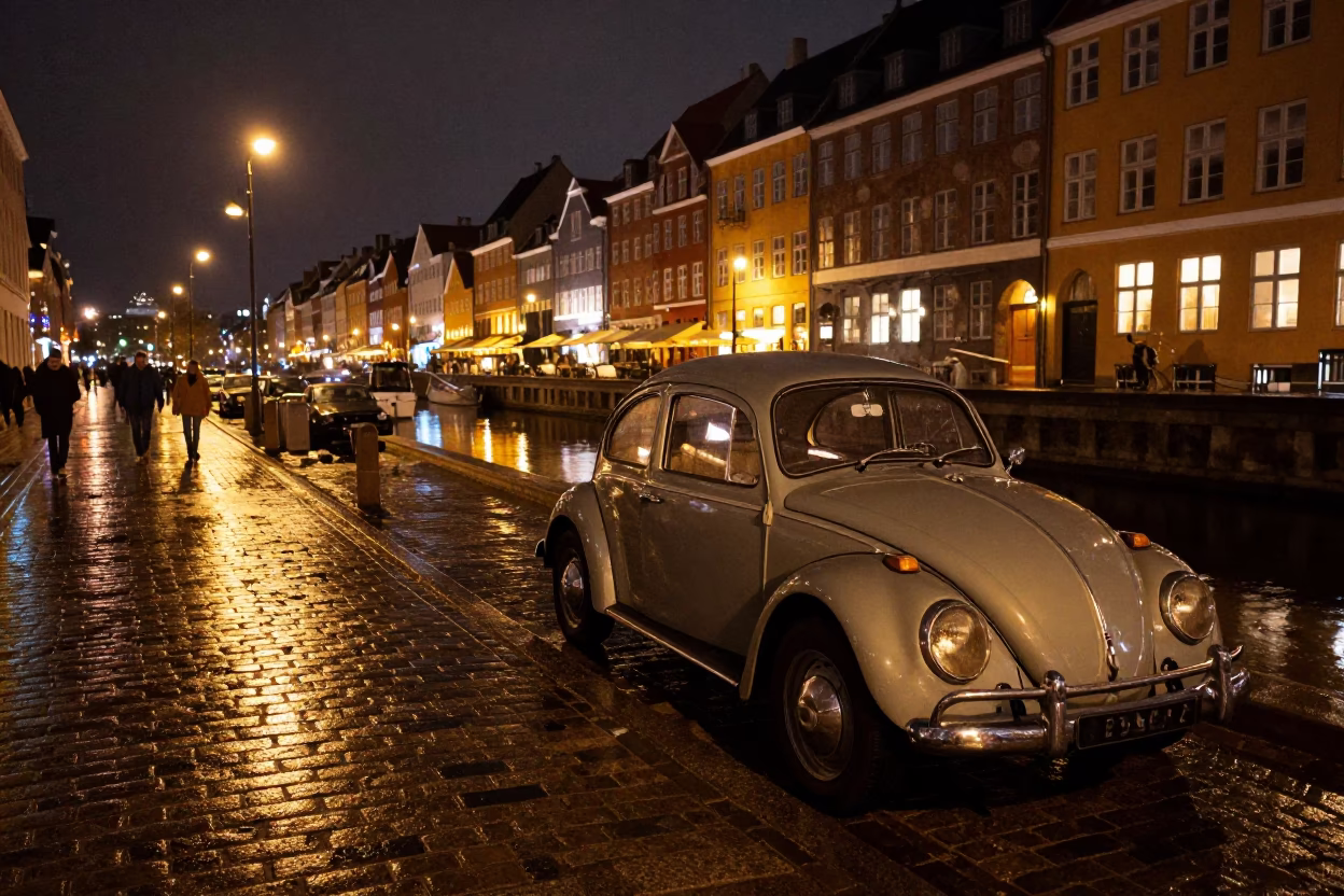 Copenhagen Night Street Scene with Vintage Car and Taper Candle Reflections in in Copenhagen, Denmark