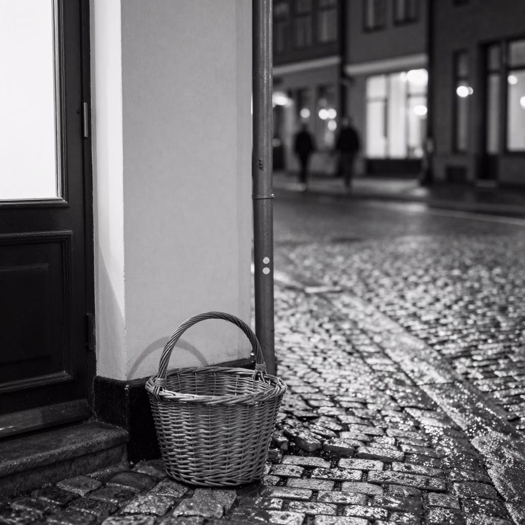 Copenhagen Night Street Scene with Wicker Basket and Blank Notebooks in in Copenhagen, Denmark