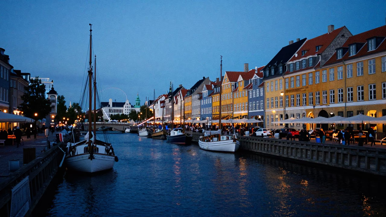 Copenhagen Nyhavn canal at indigo twilight with sailboats and historic colorful facades in in Copenhagen, Denmark