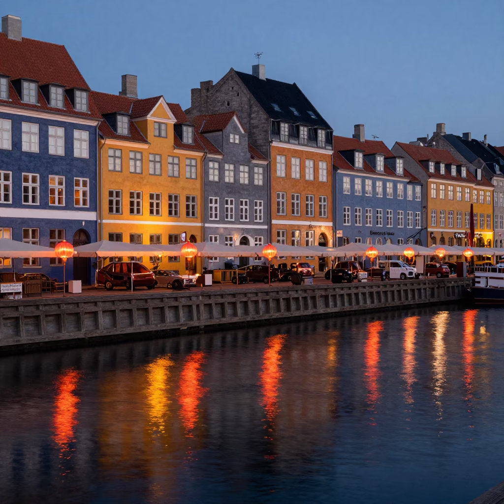 Copenhagen Nyhavn Canal Copper Light Reflections Paper Lanterns and Traditional Danish Cuisine in in Copenhagen, Denmark