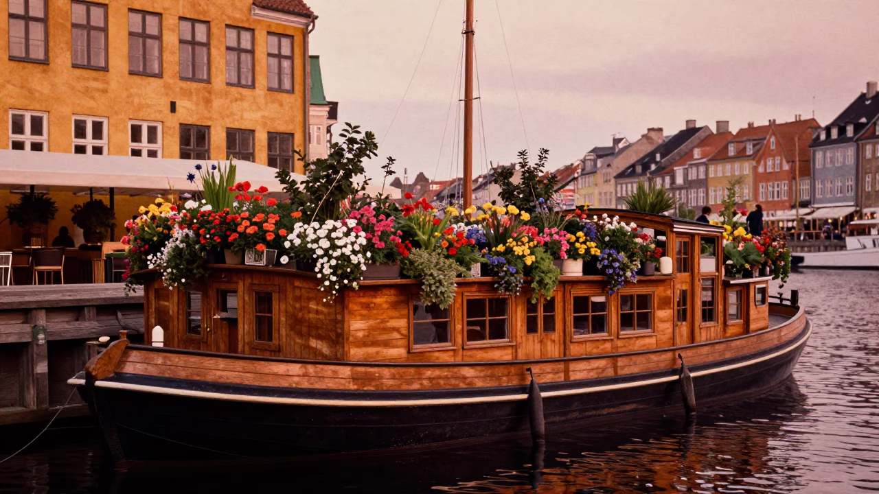 Copenhagen Nyhavn Canal Houseboat Flower Garden in Copper Dusk Light in in Copenhagen, Denmark