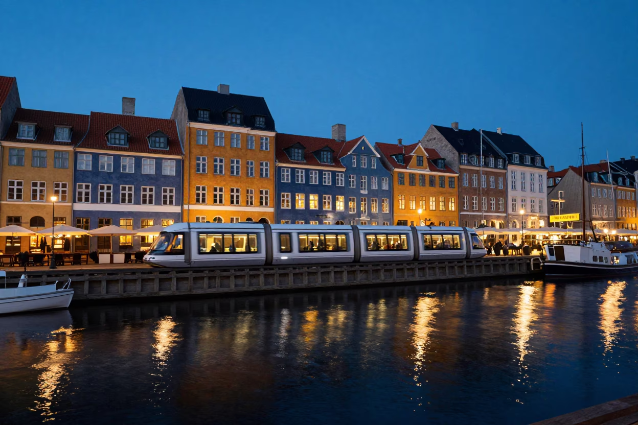 Copenhagen Nyhavn Canal Houses at Blue Hour with Monorail and Umbrella Stand in in Copenhagen, Denmark