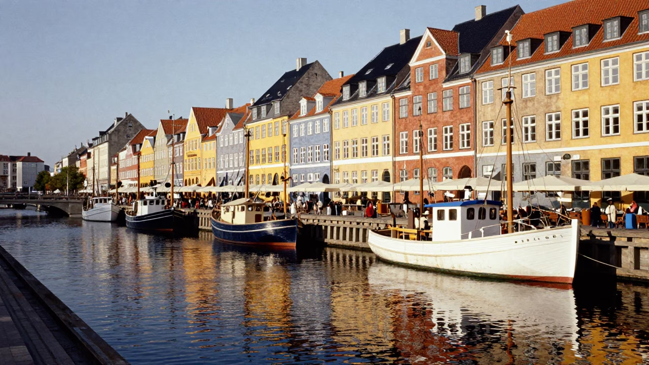Copenhagen Nyhavn Canal Scene with Colorful Facades and Docked Boats in Late Afternoon Light in in Copenhagen, Denmark