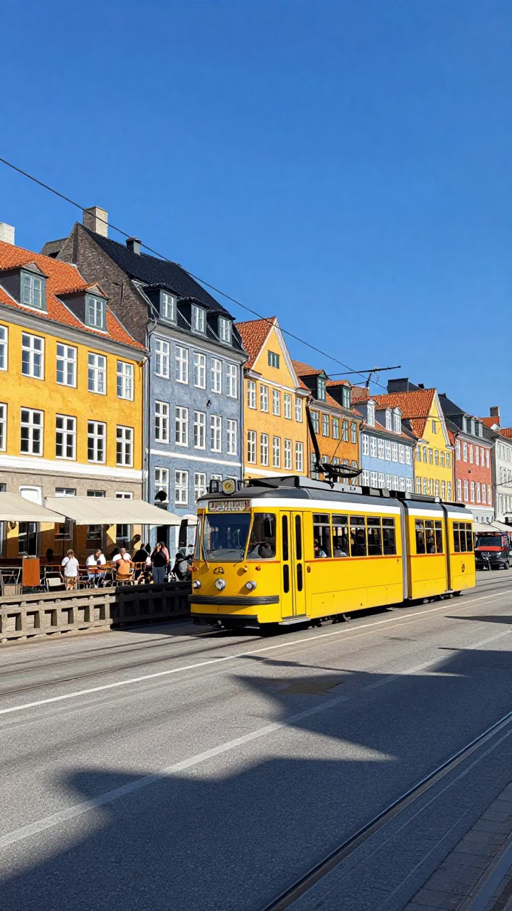 Copenhagen Nyhavn Colorful 1990s Street Scene with Cable Car and Research Vessel in in Copenhagen, Denmark