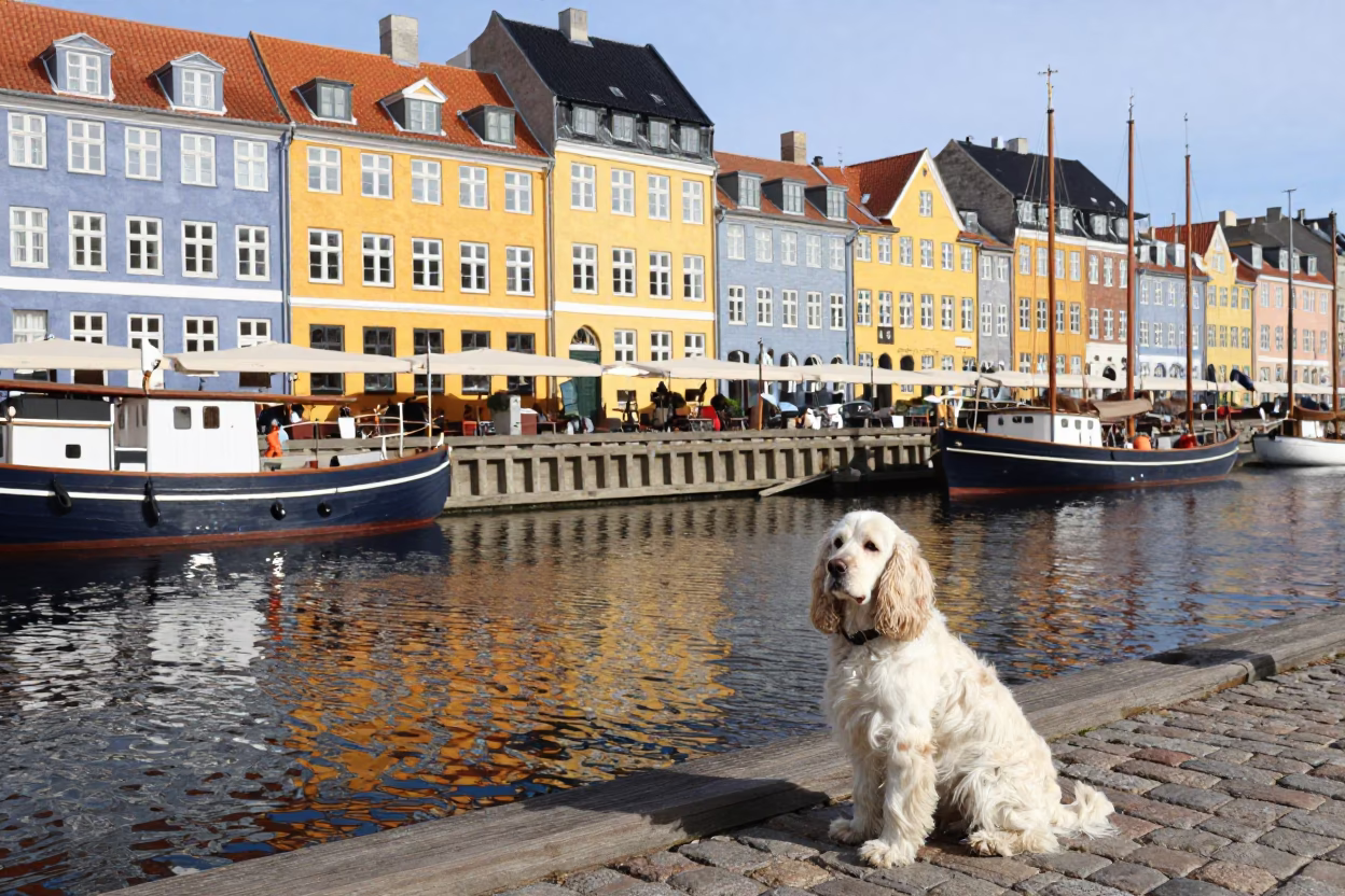 Copenhagen Nyhavn Colorful Canal Scene with Clumber Spaniel and Historic Architecture in in Copenhagen, Denmark
