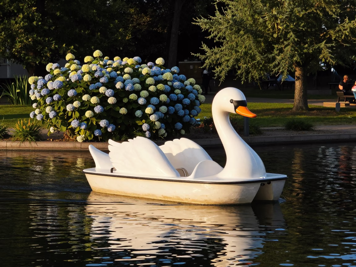 Copenhagen Park Lake Late Afternoon Pedal Boat Hydrangeas in in Copenhagen, Denmark
