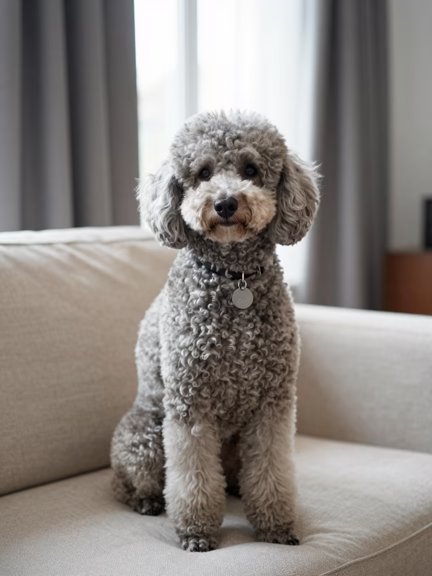 Copenhagen Poodle Portrait Sofa Window Light in on a sofa near a curtained window with calm indoor light in Copenhagen