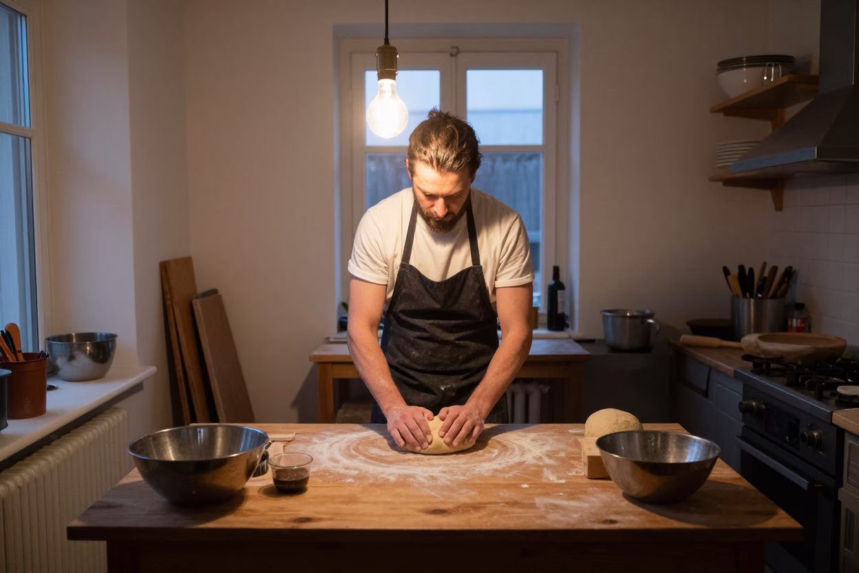 Copenhagen Preparing Dough at The Still Hours Before Dawn Light in in Copenhagen, Denmark
