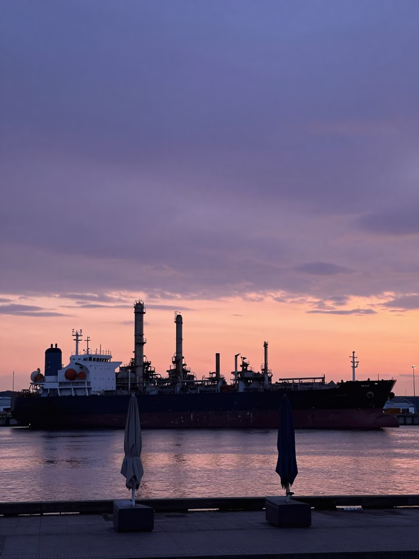Copenhagen Refinery Harbor Sunset Tanker Ship Docking Umbrellas in in Copenhagen, Denmark