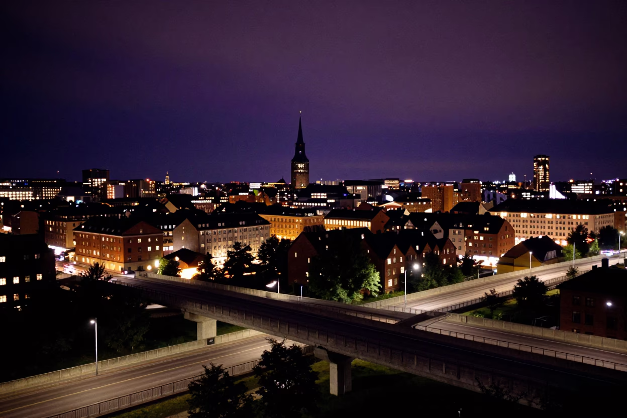 Copenhagen Skyline View at Deep In The Night Light in in Copenhagen, Denmark