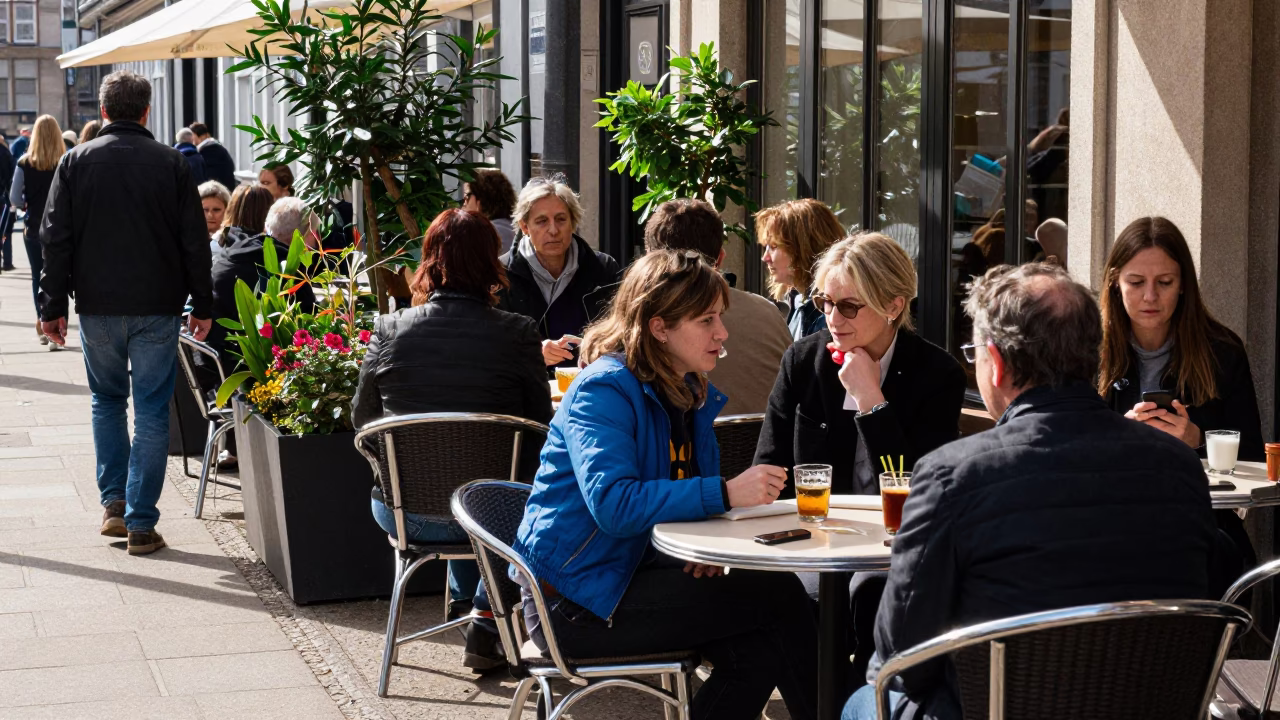 Copenhagen Street Cafe Noon Bustle with Houseplants and Glass Tumbler in in Copenhagen, Denmark