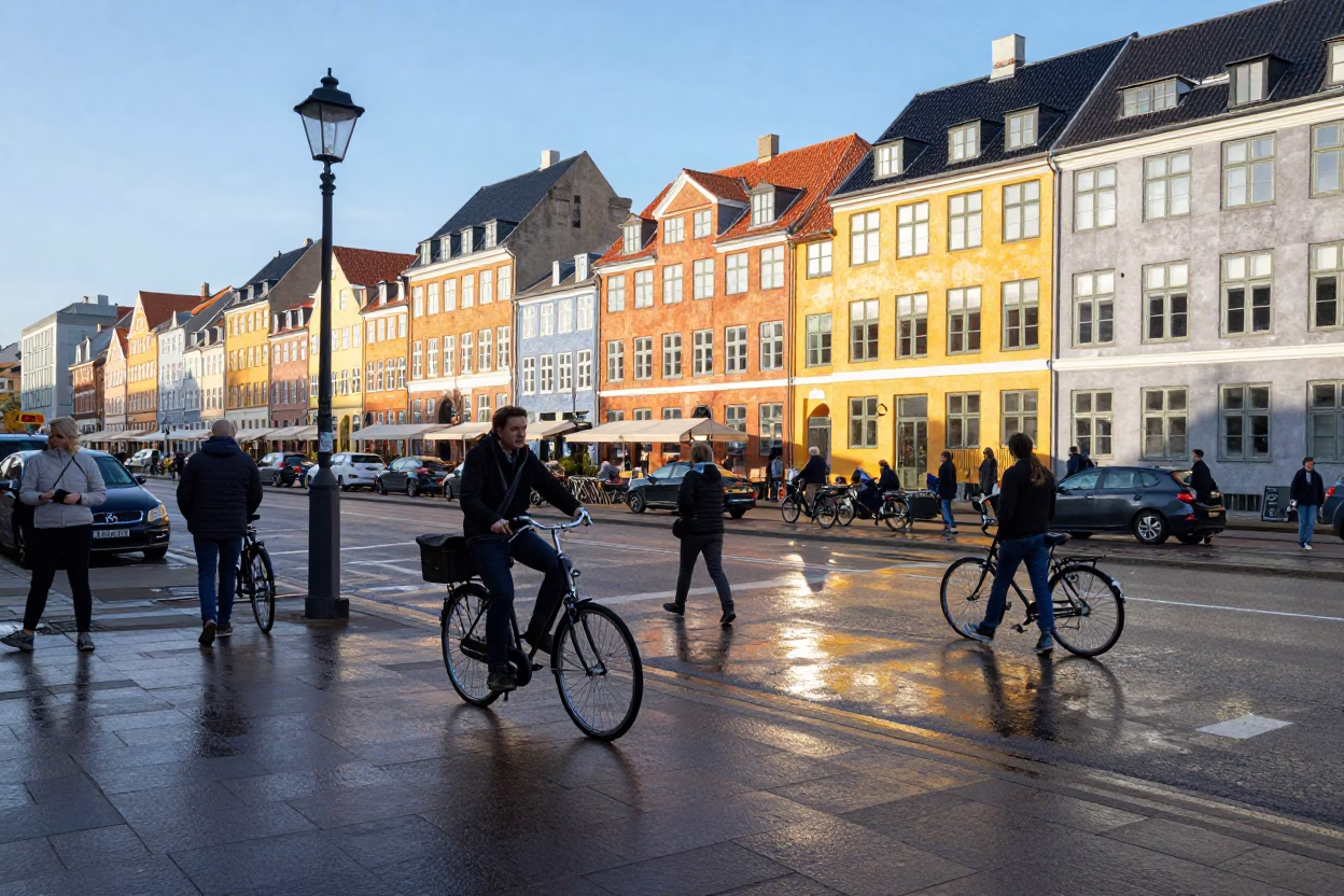 Copenhagen Street Corner Afternoon with Bicycle and Pedestrians Near Nyhavn in in Copenhagen, Denmark